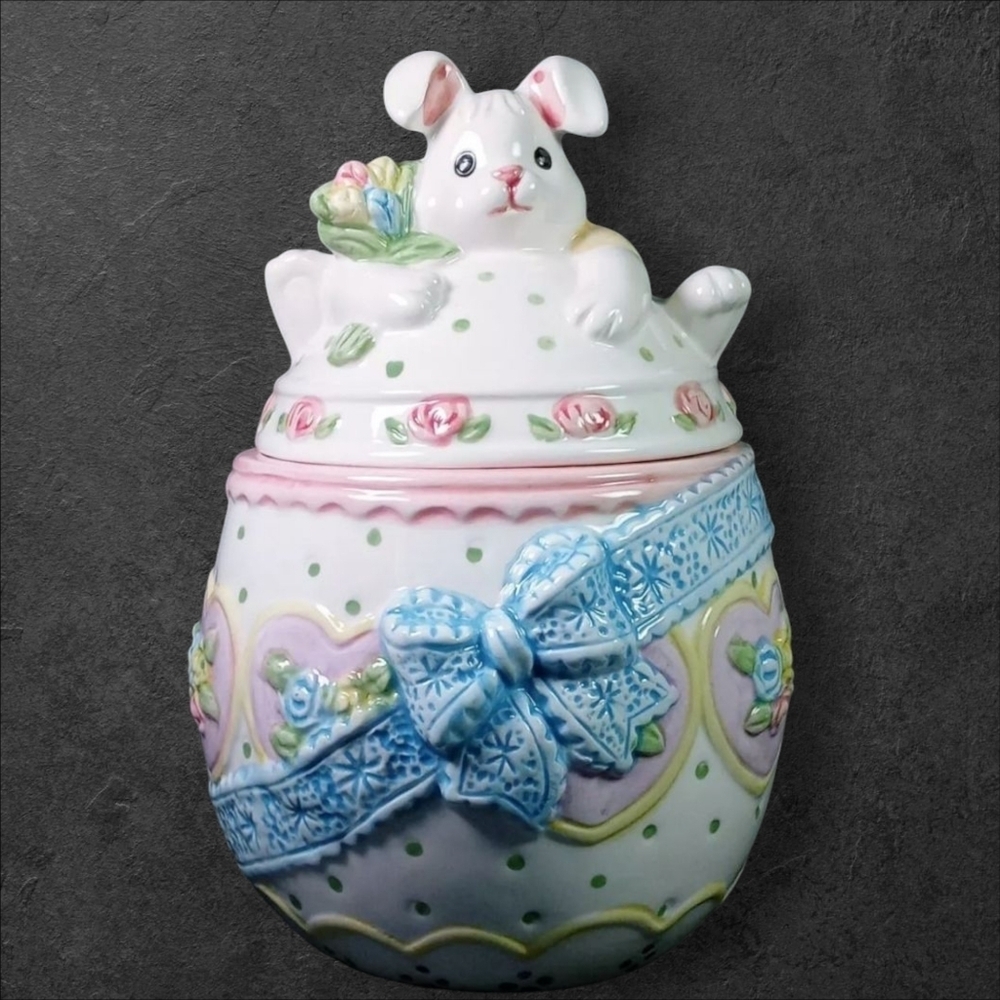 Ceramic Bunny Cookie Jar With Floral & Heart Details Pastel Colors Spring/Easter